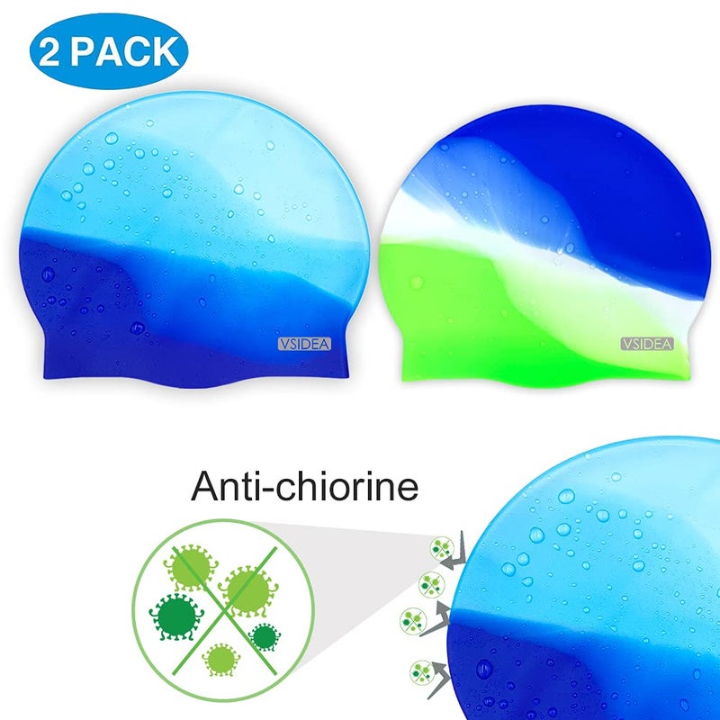 Vsidea Swim Cap Adult (2Pack), Comfortable Silicone Swimming Cap Man Women, Durable Non-Slip Waterproof with Multi Color Bright Cap for Adult Youths - Image 2